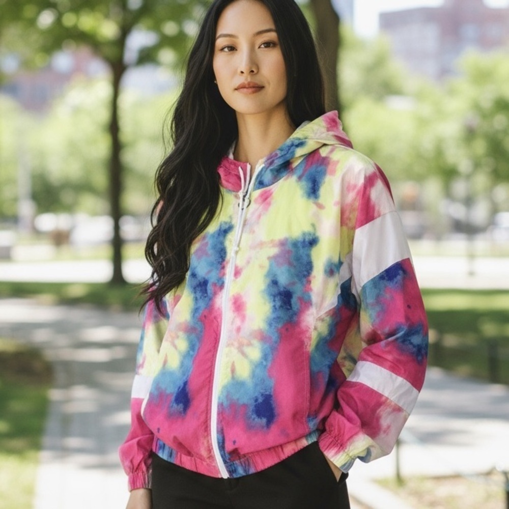 No Boundaries Juniors XL 15-17 Zip Up Windbreaker Jacket Hooded Tie Dye Rainbow